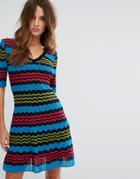 M Missoni Short Sleeve A Line Wool Mix Knit Dress - Multi