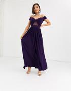 Asos Design Fuller Bust Premium Lace And Pleat Bardot Maxi Dress-purple