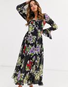 Asos Design Wrap Maxi Dress With Frills In Dark Based Floral Print-multi