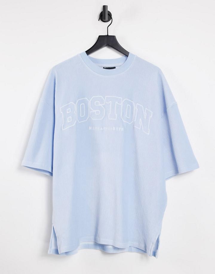 Asos Design Oversized T-shirt In Blue Velour Ribbed Cord With Boston City Embroidery-blues