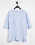 Asos Design Oversized T-shirt In Blue Velour Ribbed Cord With Boston City Embroidery-blues