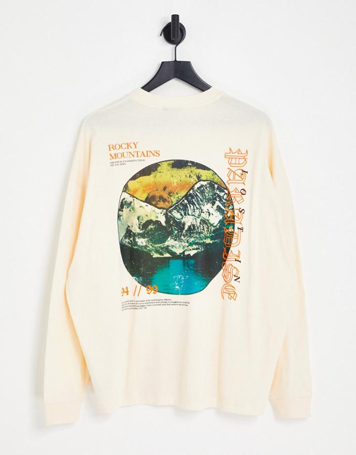 Asos Design Oversized Long Sleeve T-shirt In Cream With Mountain Back & Chest Print - Cream - Cream-white