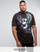 Asos Plus Longline T-shirt With Skull Print And Heavy Wash With Distressing - Black