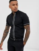 Asos Design Wedding Slim Shirt With Manderin Collar In Black With Contrast Piping - Black