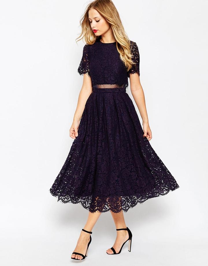 Asos Lace Crop Top Midi Prom Dress - Navy