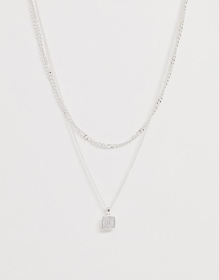 Asos Design Cubic Zirconia Crystal Pendant Neck Chain In Silver Tone - Silver