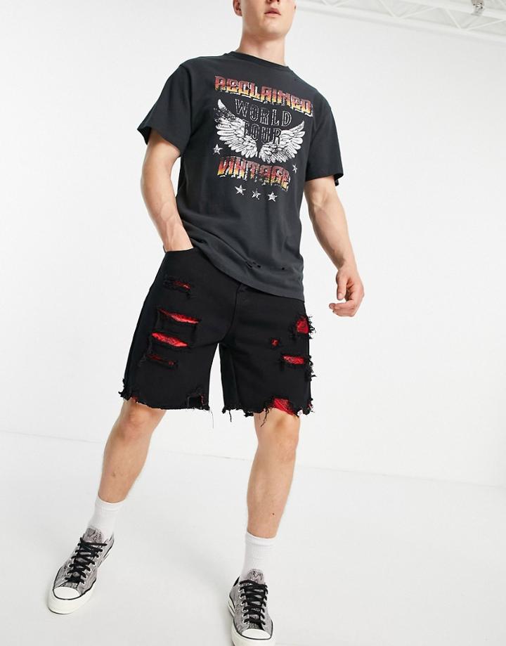Liquor N Poker Denim Shorts In Black With Red Bandana Distressed Patches