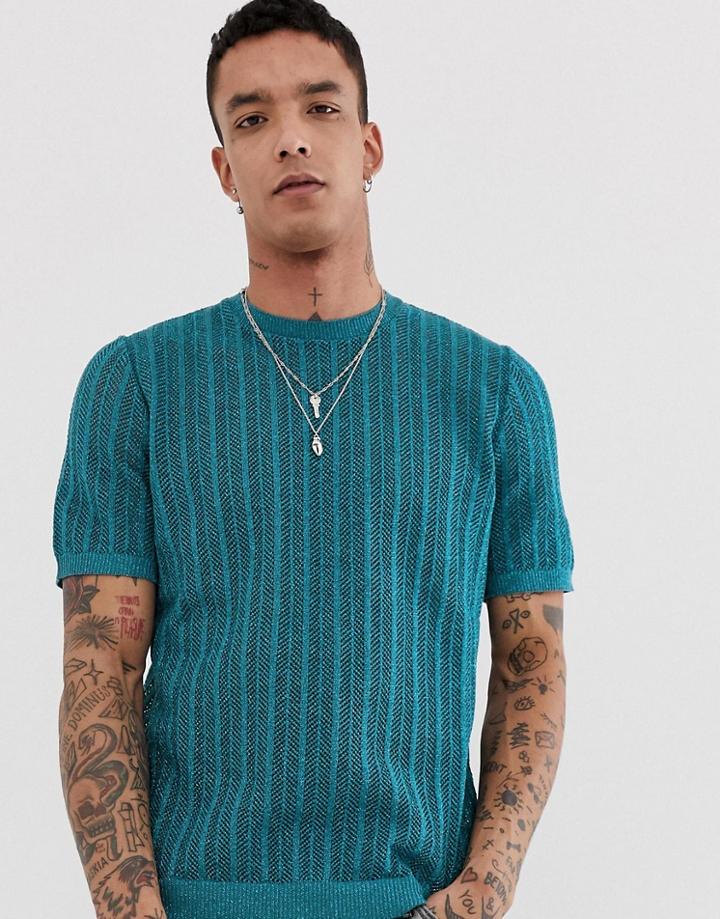 Asos Design Knitted T-shirt In Metallic Blue Yarn - Blue