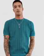 Asos Design Knitted T-shirt In Metallic Blue Yarn - Blue