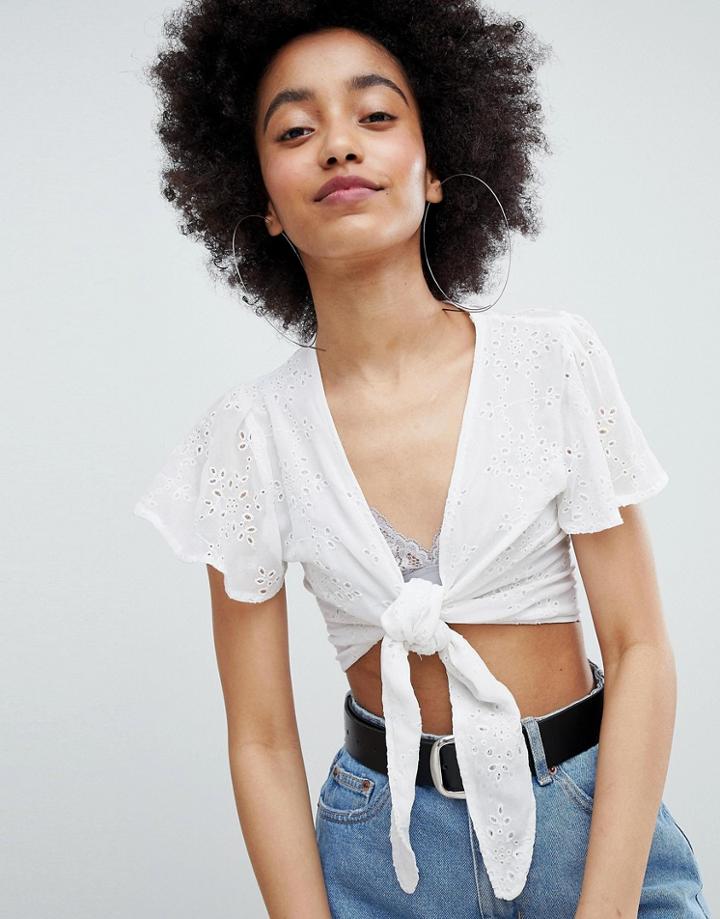 Bershka Tie Front Embroidered Top In Multi - Multi