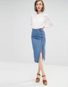 Lost Ink Denim Pencil Skirt With Side Button Detail - Blue