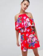 Asos Design Floral High Neck Cold Shoulder Skater Mini Dress - Multi