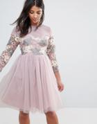 Amy Lynn Occasion Long Sleeve Embroidered Skater Dress With Tulle Skirt - Navy