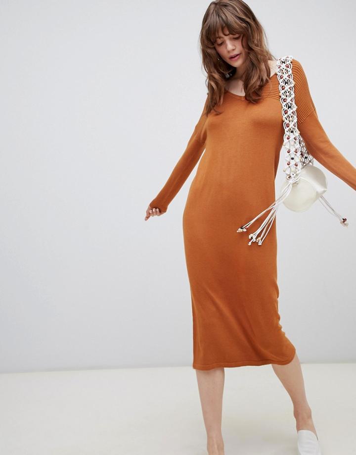 Asos Design Midi Sweater Dress With V Neck And Ripple Stitch-stone