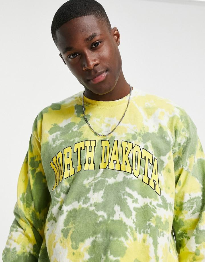 Topman Longsleeve Oversized Fit Tie Dye T-shirt With Front And Back North Dakota Print In Green