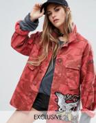 Reclaimed Vintage Military Jacket With Statement Patches - Red