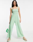 New Look Tie Strap Shirred Jumpsuit In Khaki Polka Dot-green