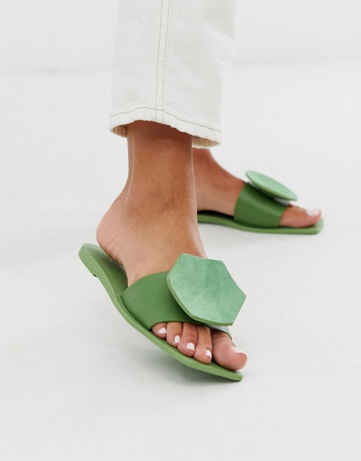 Asos Design Finest Leather Flat Sandals In Green