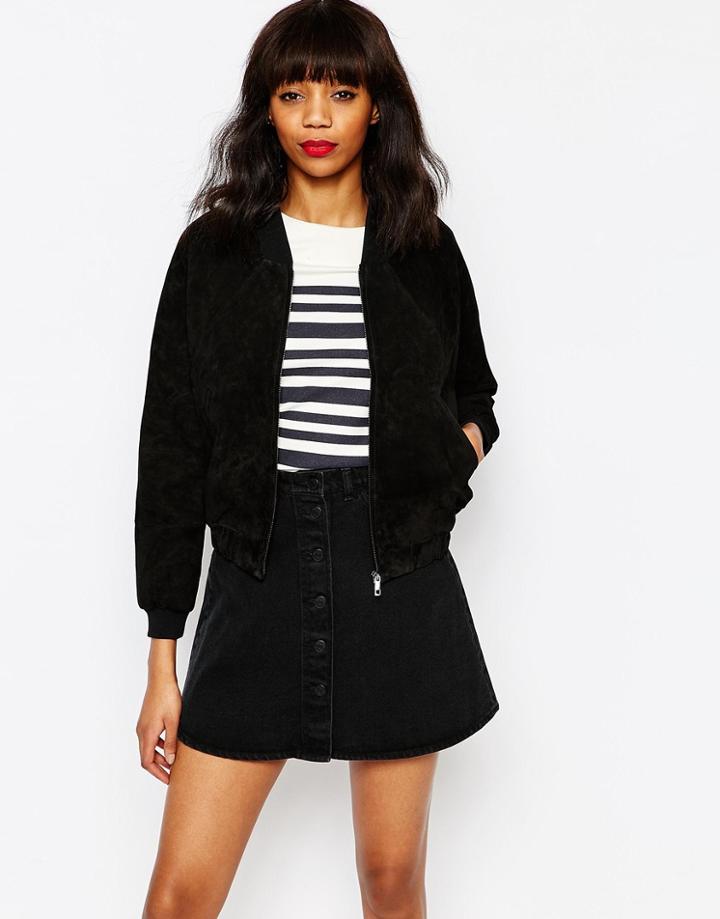 Monki Suede Bomber Jacket - Black