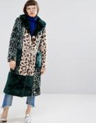 Asos Longline Coat In Patched Animal Faux Fur - Multi
