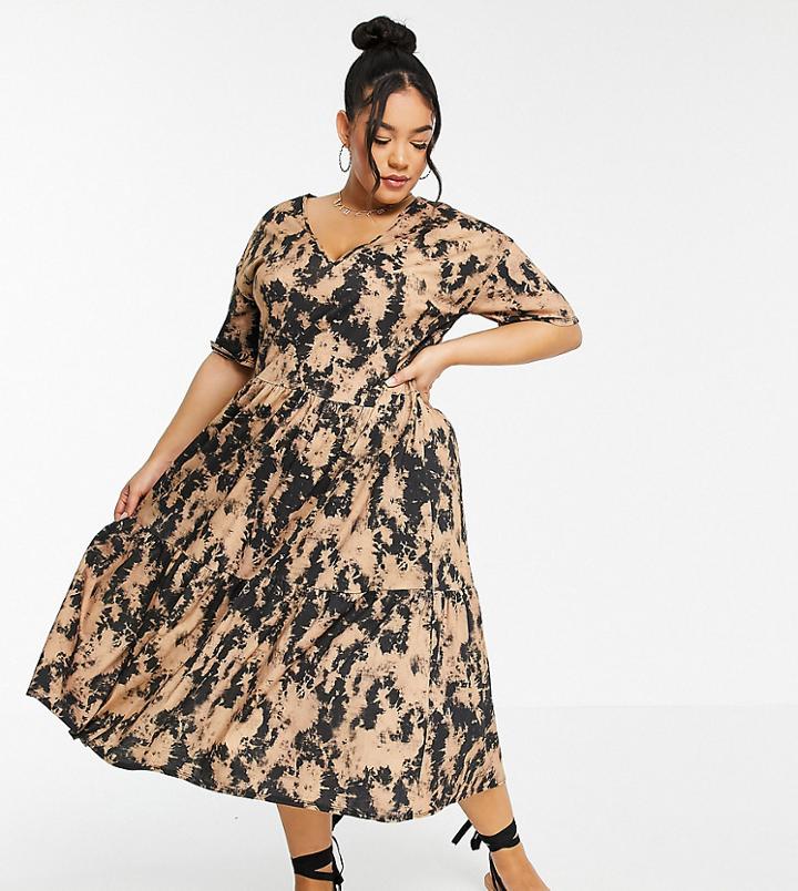 Asos Design Curve Tiered Midi Smock Dress With V Neck In Black And Cream Tie Dye
