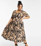 Asos Design Curve Tiered Midi Smock Dress With V Neck In Black And Cream Tie Dye