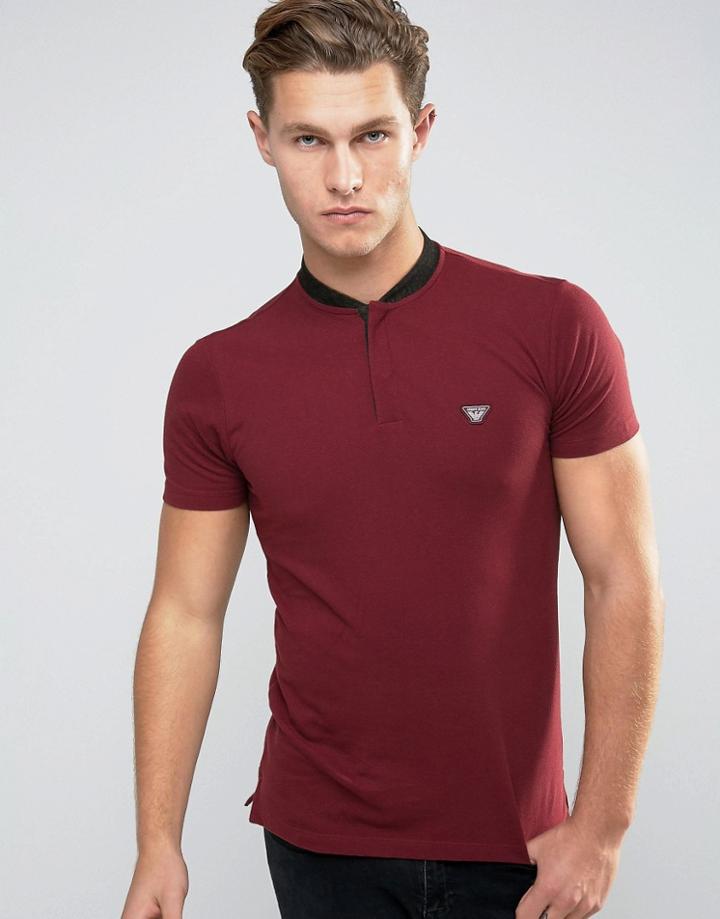 Armani Jeans Polo Shirt With Denim Bomber Neck In Burgundy - Red