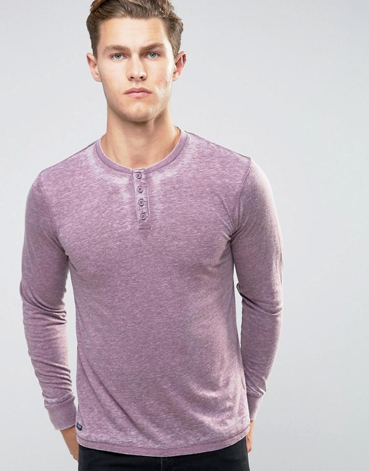 Threadbare Burnout Wash Long Sleeve T-shirt With Grandad Collar - Red