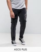 Asos Plus Skinny Jeans With Biker Zip And Rips Details In Washed Black - Black