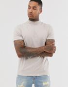 Asos Design T-shirt With Rib Roll Neck In Beige