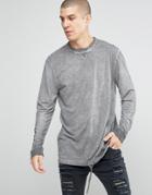 Asos Linen Look Longline Long Sleeve T-shirt With Oil Wash And Drawstring Hem - Purple