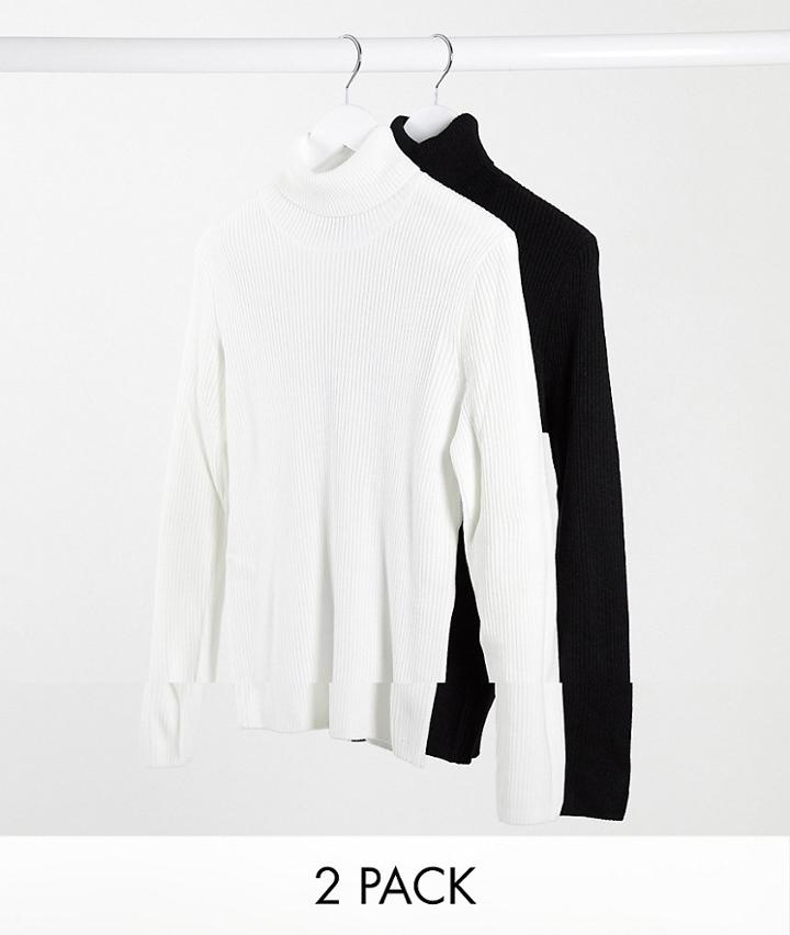 Asos Design 2-pack Knitted Rib Rollneck Sweater In Black And White-multi