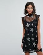 Sister Jane Mesh Dress With Sequin And Beaded Star Patches - Black