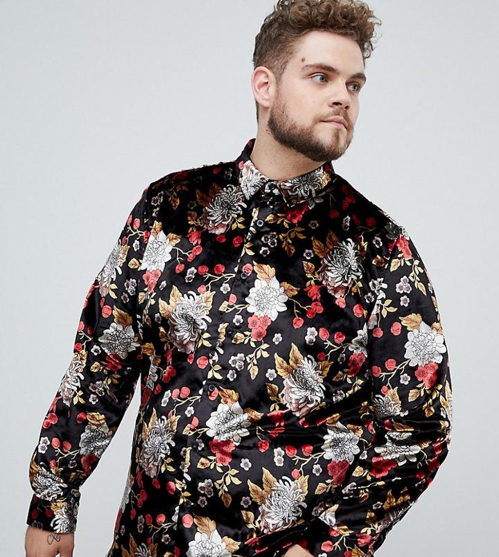 Asos Design Plus Party Regular Fit Velvet Floral Shirt In Black - Black
