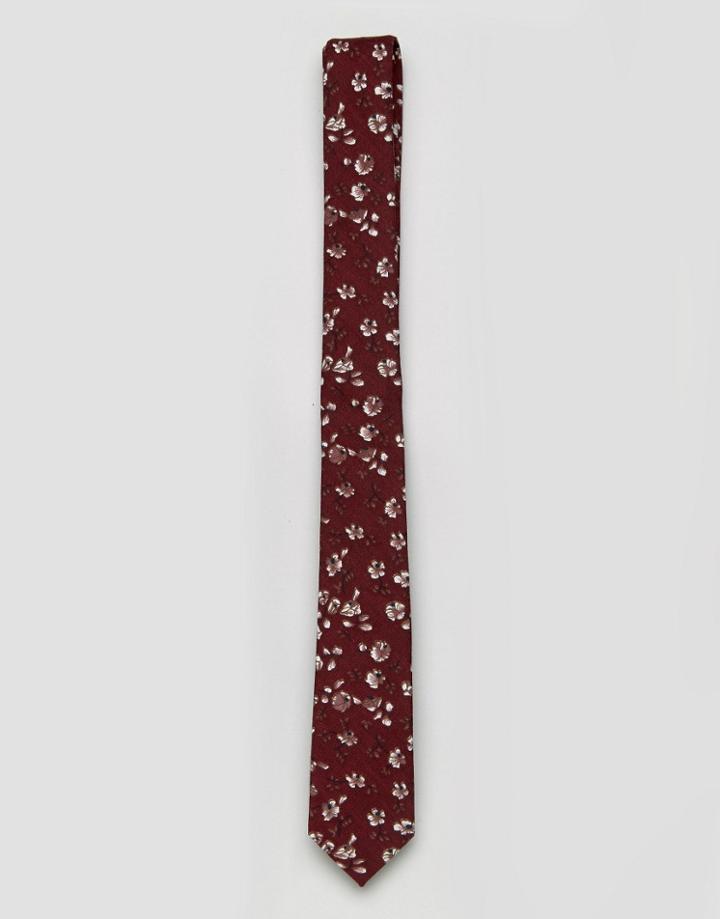 Asos Slim Tie With Burgundy Floral Design - Red