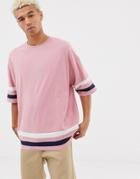 Asos Design Oversized T-shirt With Contrast Sleeve And Hem Panels In Pink - Pink