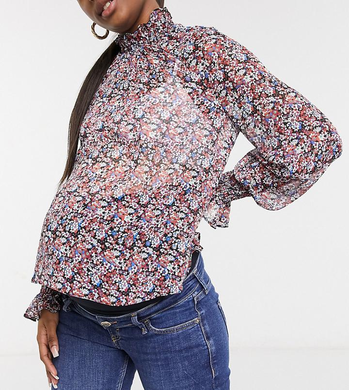 Asos Design Maternity Long Sleeve Floral Blouse With Shirred Neck And Cuffs-multi