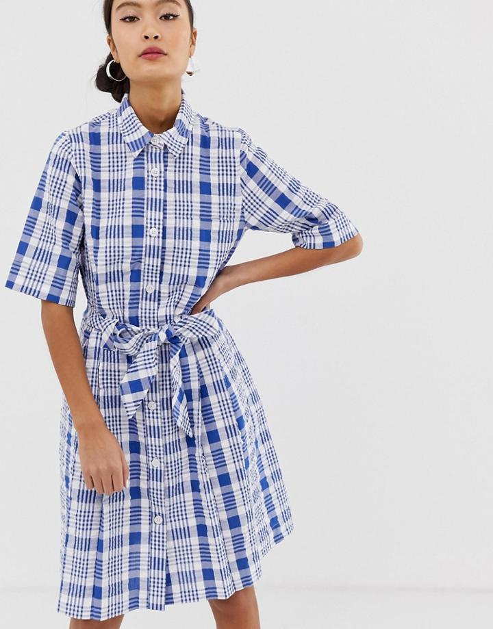 Monki Check Tie Front Shirt Dress In Blue And White - White