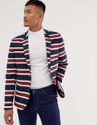 Asos Design Skinny Blazer With Horizontal Stripe In Navy And Red
