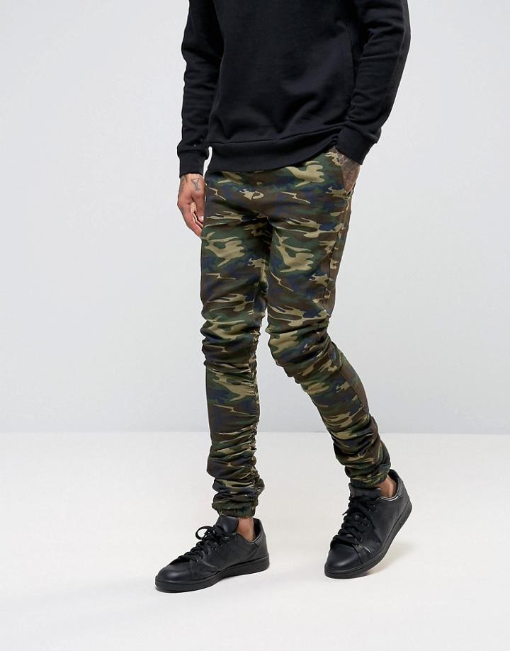 Asos Skinny Rouched Leg Joggers In Camo Print - Green