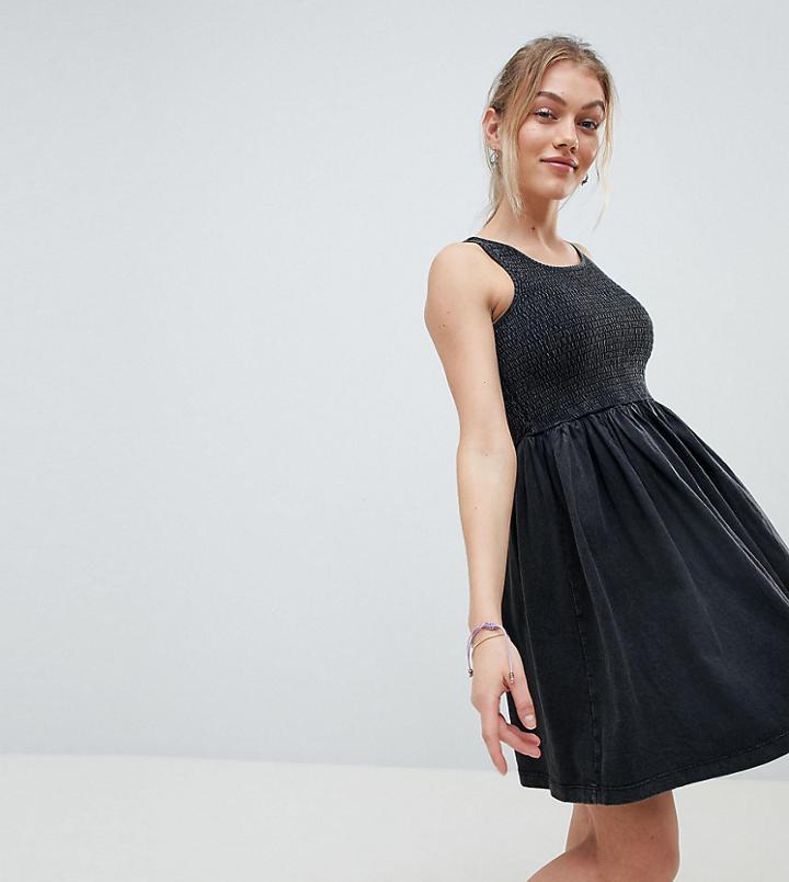 Asos Design Petite Shirred Bodice Sundress In Oil Wash-gray