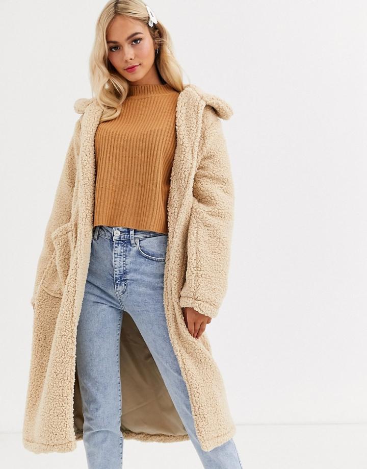 Brave Soul Heavenly Long Coat In Borg-brown