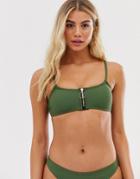 New Look Zip Detail Bikini Top In Khaki-green