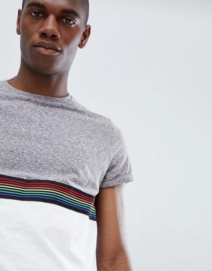Asos Design T-shirt With Contrast Yoke And Rainbow Tape In Interest Fabric - Gray