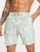 Topman Longline Beach Print Swim Shorts In Mint-green