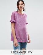 Asos Maternity T-shirt In Lace With Ruffle Sleeve And Stripe Tipping - Purple