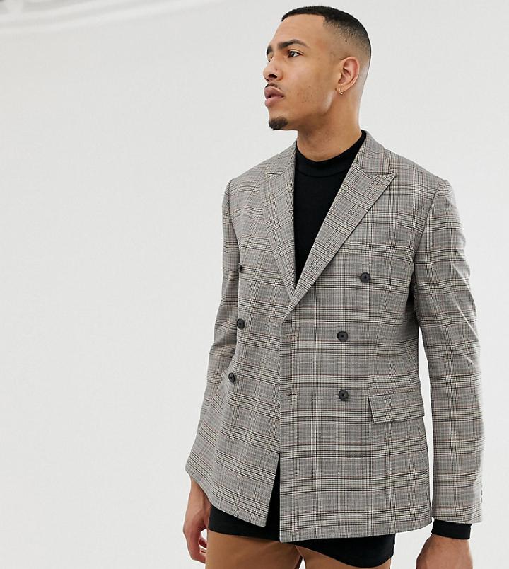 Asos Design Tall Slim Double Breasted Blazer In Gray Check