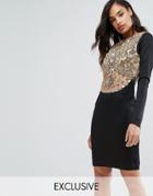 A Star Is Born Heavy Embellished Knee Length Dress With Long Sleeves - Black