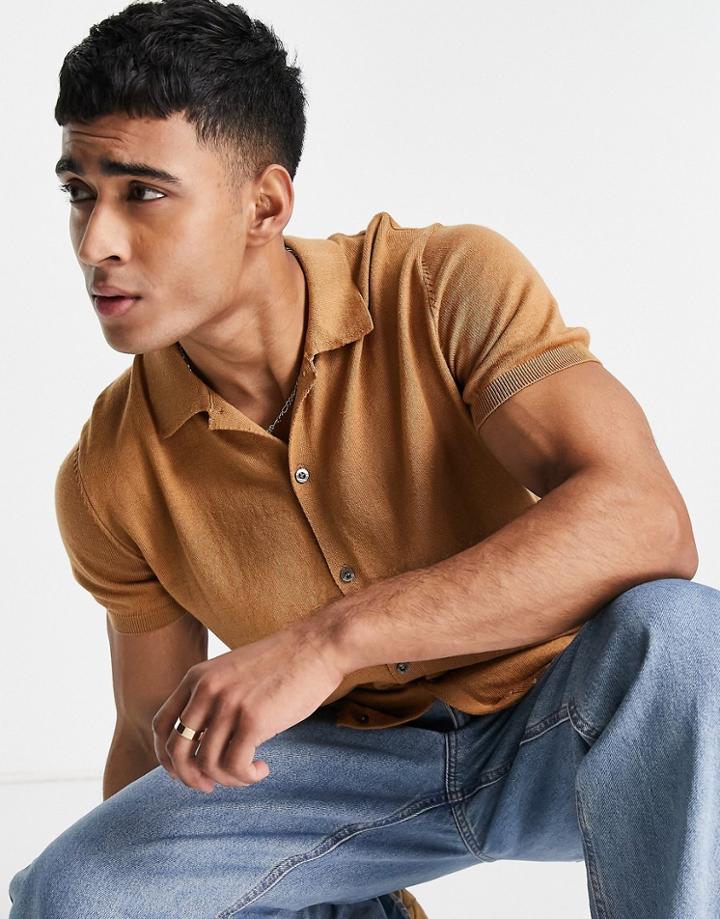 New Look Short Sleeve Button Through Polo Shirt In Camel-neutral