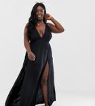 Asos Design Curve Beach Maxi Dress With Frill Strap & Plunge Neck In Black - Black